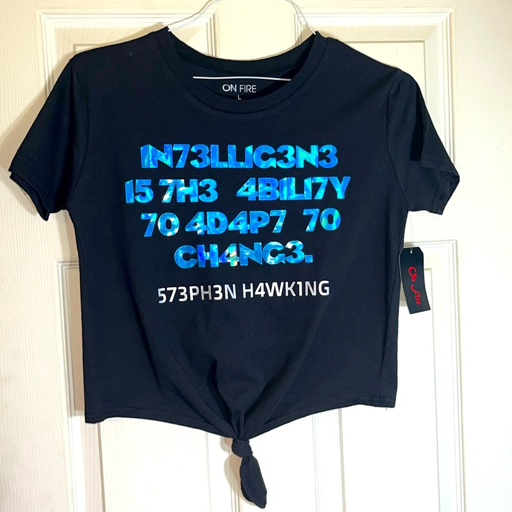 On Fire 100% cotton women’s black graphic t-shirt with blue lettering size: L